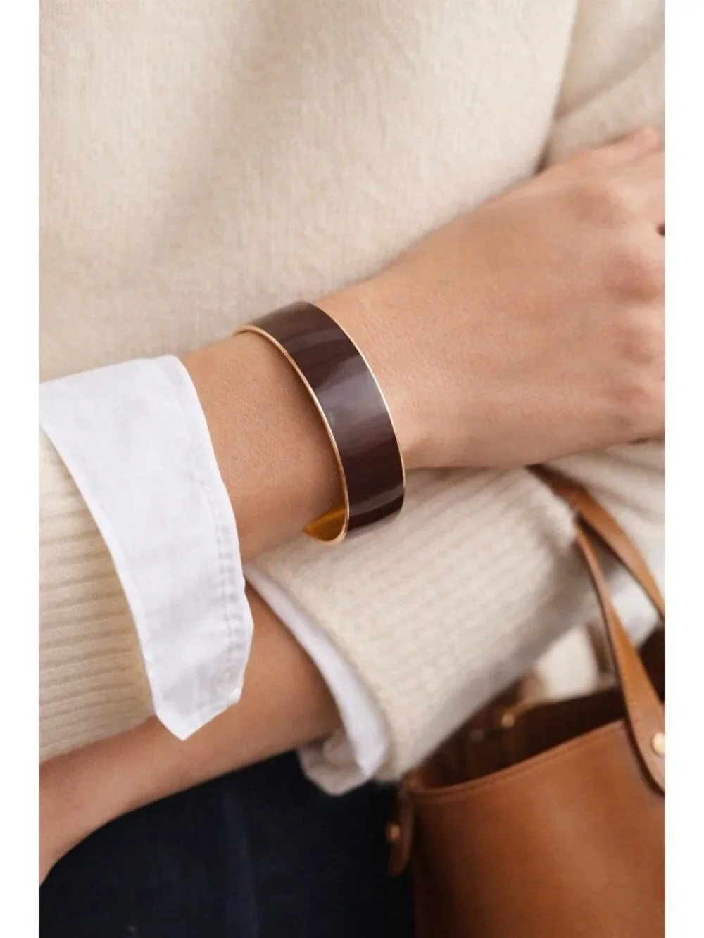 J Crew Womens Enamel Bangle Bracelet Brown Gold Tone Wide Preppy Minimalist